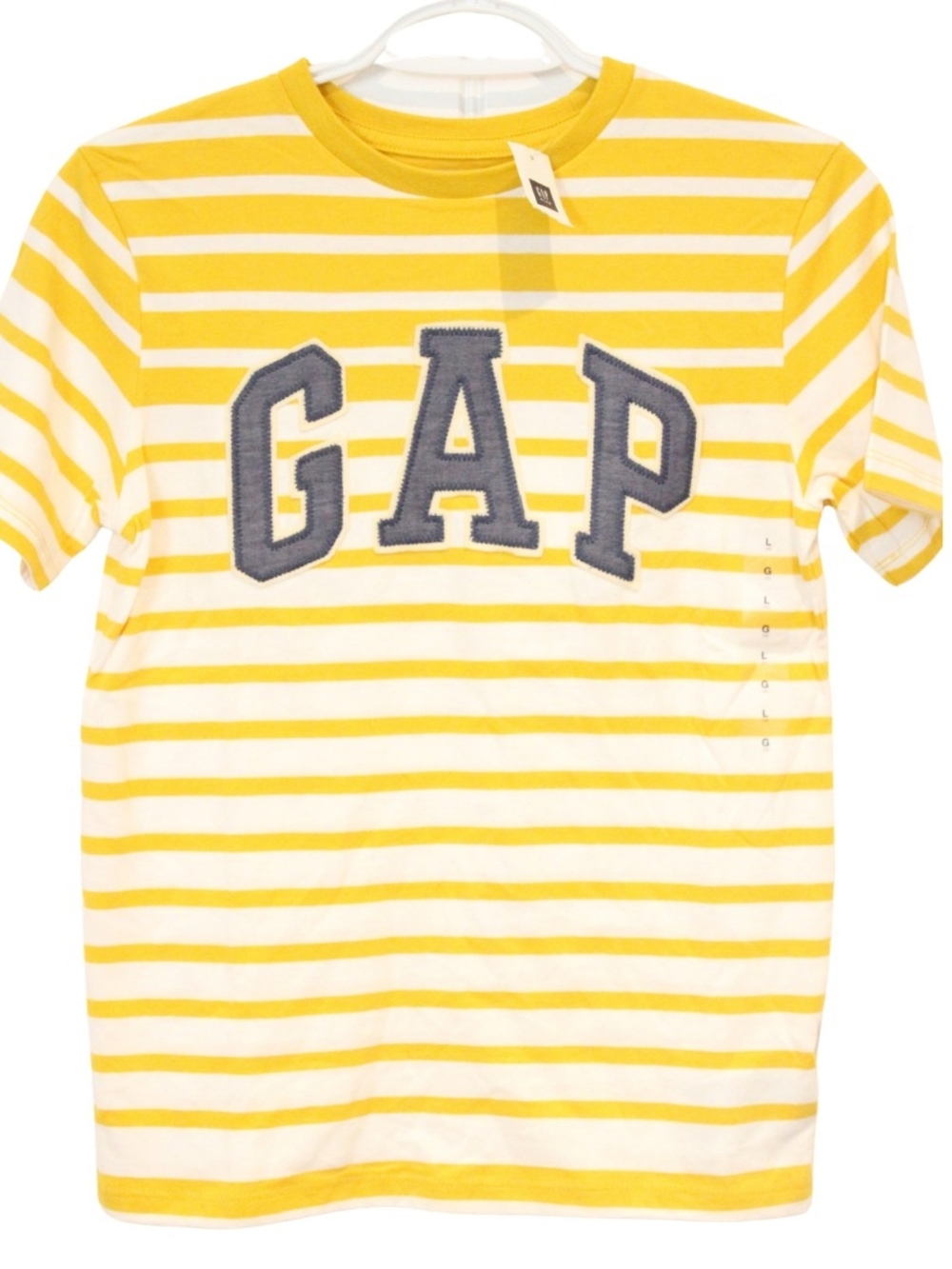 3/$25 🏷 GAP Yellow & White Striped Tee with Navy Logo Size 10 BNWT